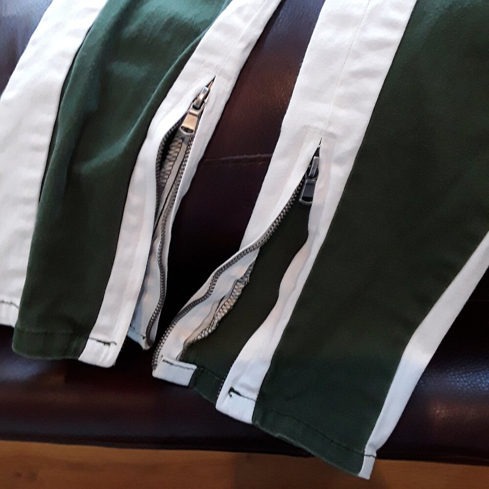 98% Cotton Ankle Zip Dark Green & White Slim Fit Drawtring Track Pants - Picture 3 of 6
